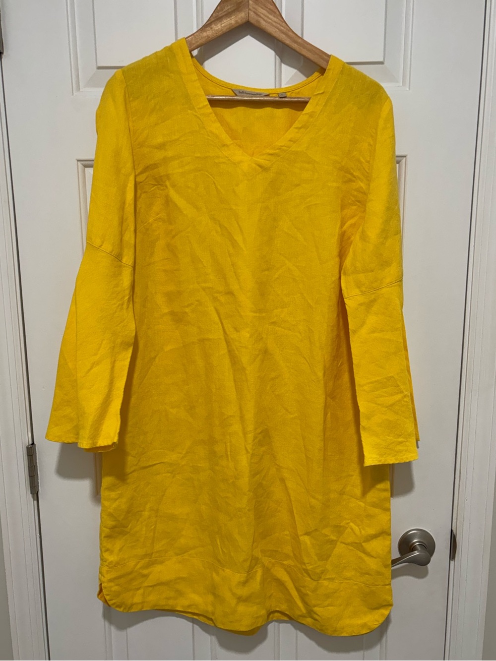 Soft Surroundings linen bell sleeve Women's Yellow V-Neck Shift Dress medium